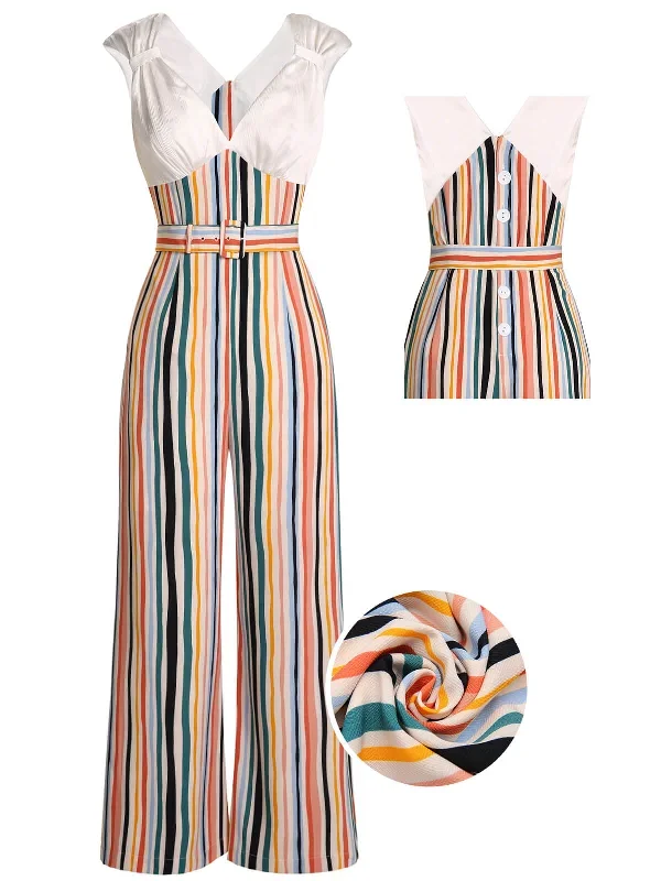 [Pre-Sale] 1930s Colorful Stripe V-Neck Sleeveless Jumpsuit