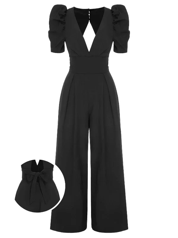 1930s Solid Deep V Puff Sleeves Jumpsuit