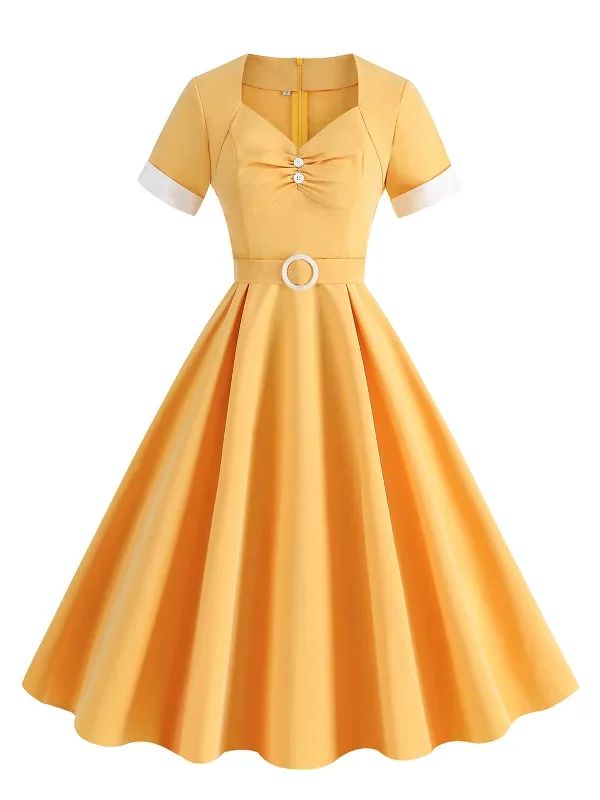 1950s-solid-contrast-v-neck-swing-dress