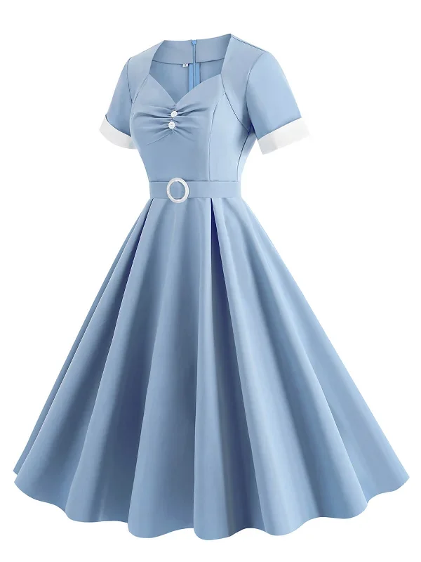 1950s-solid-contrast-v-neck-swing-dress