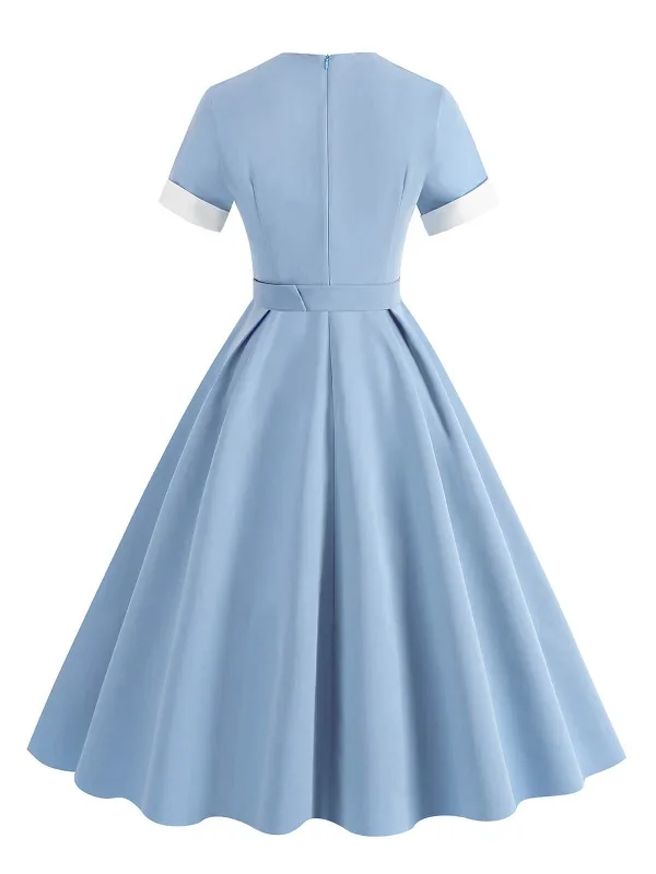 1950s-solid-contrast-v-neck-swing-dress