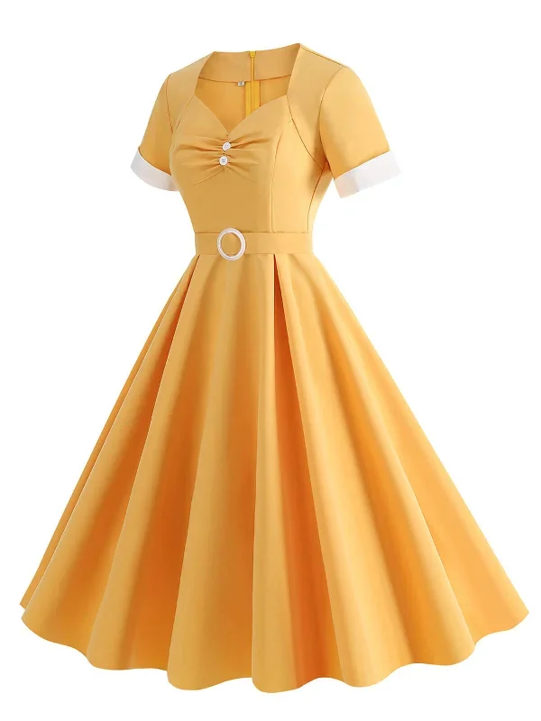 1950s-solid-contrast-v-neck-swing-dress