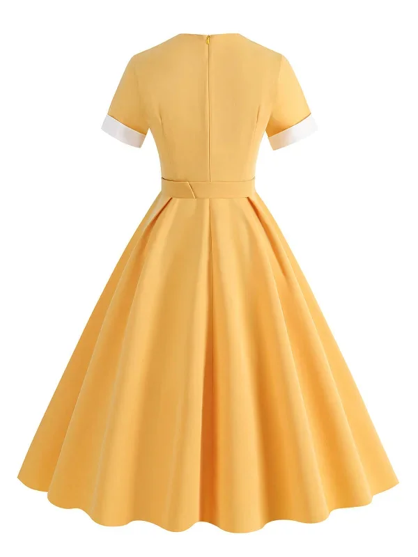 1950s-solid-contrast-v-neck-swing-dress