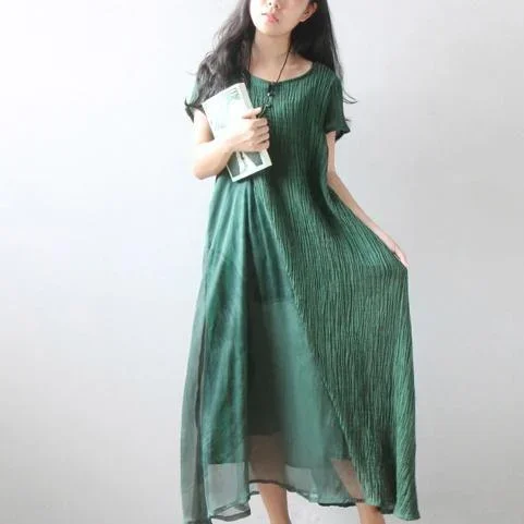 2018 green linen dresses plus size holiday dresses boutique short sleeve  patchwork silk dress