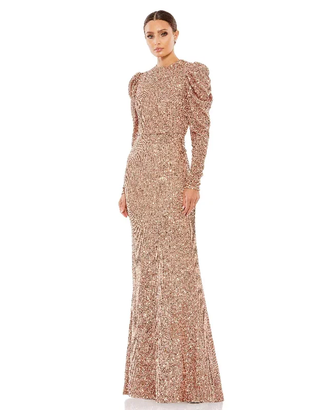 Sequined High Neck Puff Long Sleeve Column Gown