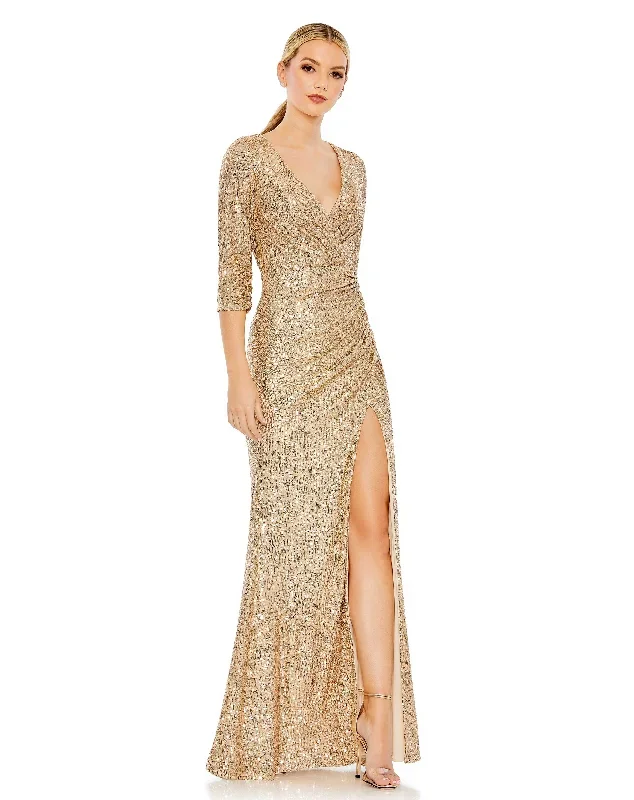 Sequined Draped 3/4 Sleeve Gown