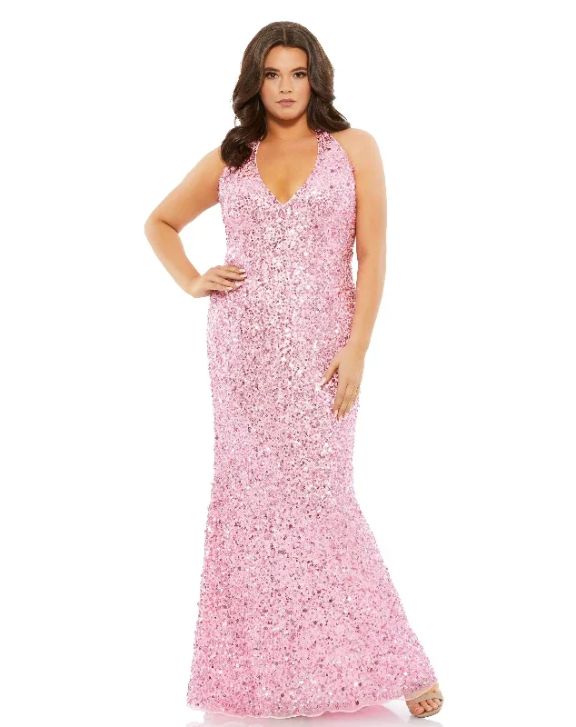 Sequined Halter Strap Open Back Trumpet Gown (Plus)