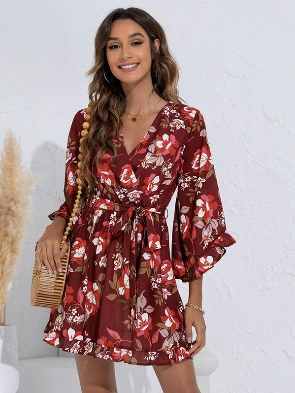 Printed Belt Ruffle Dress