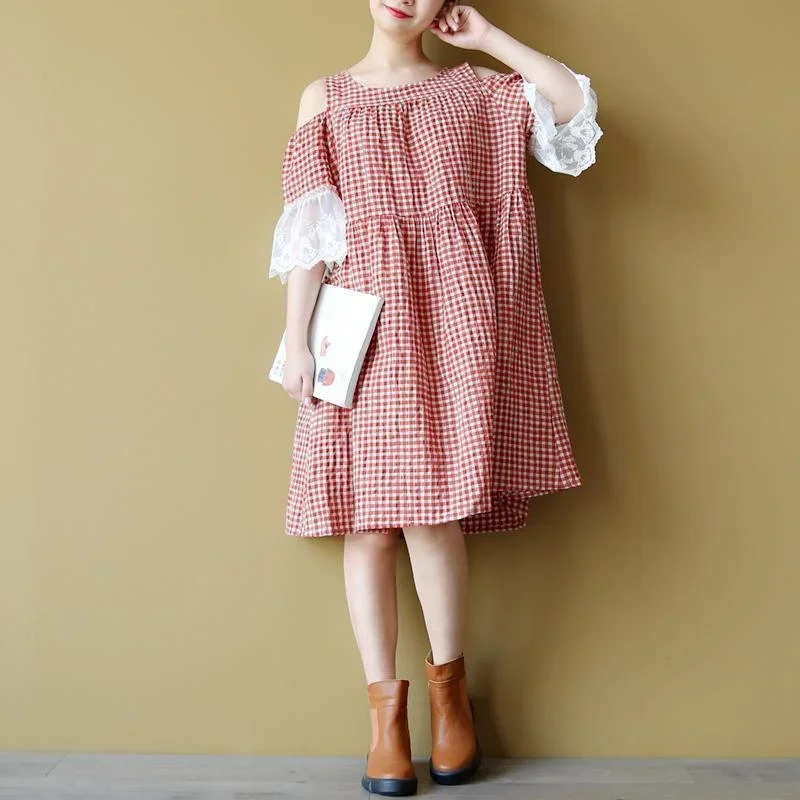 baggy red plaid linen dresses oversized linen clothing dresses vintage short sleeve ruffles Off the Shoulder cotton clothing dress