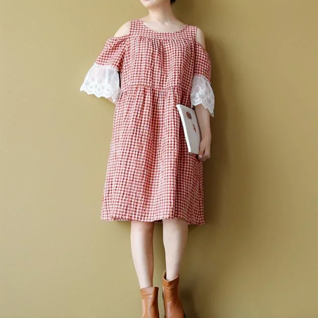 baggy-red-plaid-linen-dresses-oversized-linen-clothing-dresses-vintage-short-sleeve-ruffles-off-the-shoulder-cotton-clothing-dress