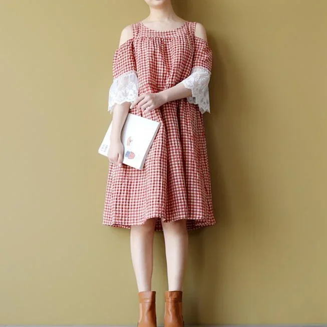 baggy-red-plaid-linen-dresses-oversized-linen-clothing-dresses-vintage-short-sleeve-ruffles-off-the-shoulder-cotton-clothing-dress