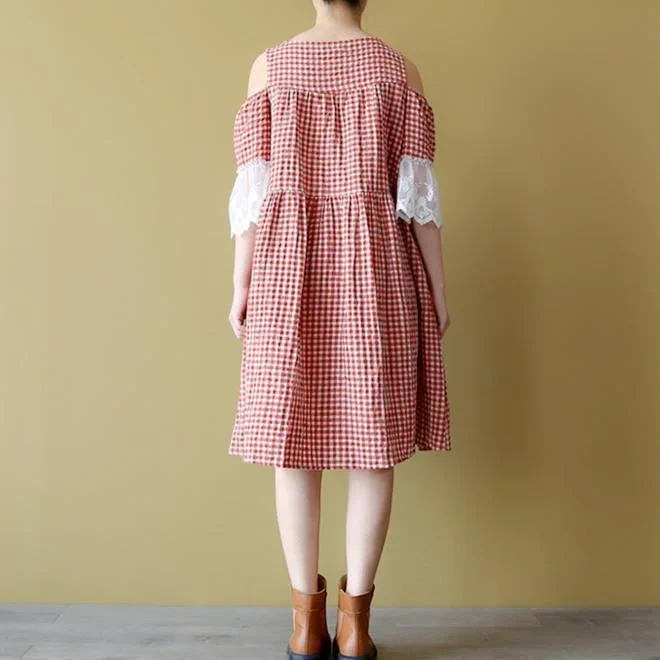 baggy-red-plaid-linen-dresses-oversized-linen-clothing-dresses-vintage-short-sleeve-ruffles-off-the-shoulder-cotton-clothing-dress