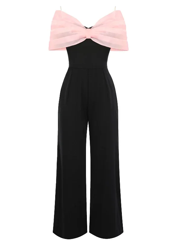 Black 1930s Solid Mesh Bow Jumpsuit