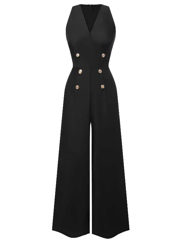 Black 1950s Sleeveless Buttoned Solid Jumpsuit