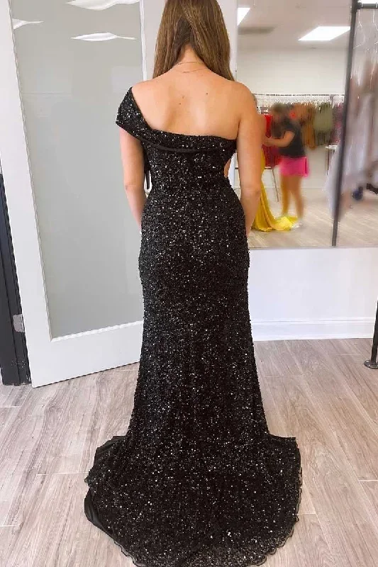 black-one-shoulder-cap-sleeve-sequined-long-party-dress