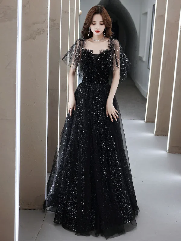 Black Tulle Off Shoulder Tulle Long Prom Dress Black Evening Dress