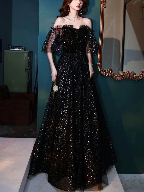 black-tulle-off-shoulder-tulle-long-prom-dress-black-evening-dress