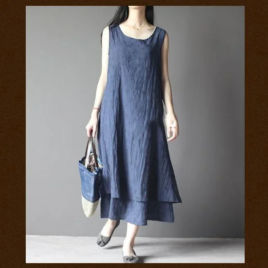 Blue Layered Cotton Summer Dress Long Maxi Sundress