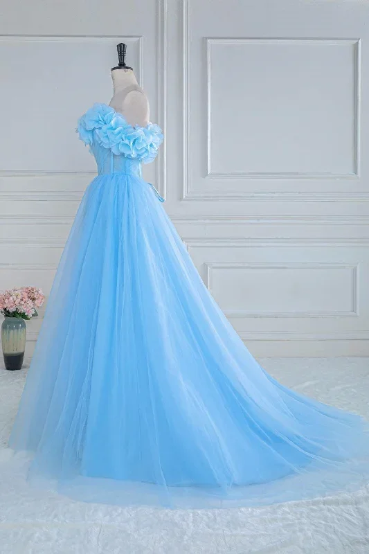 blue-off-the-shoulder-flower-a-line-tulle-prom-dress