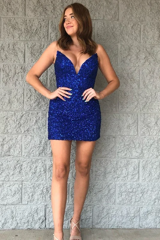 Blue Sequins Strapless Short Homecoming Dress