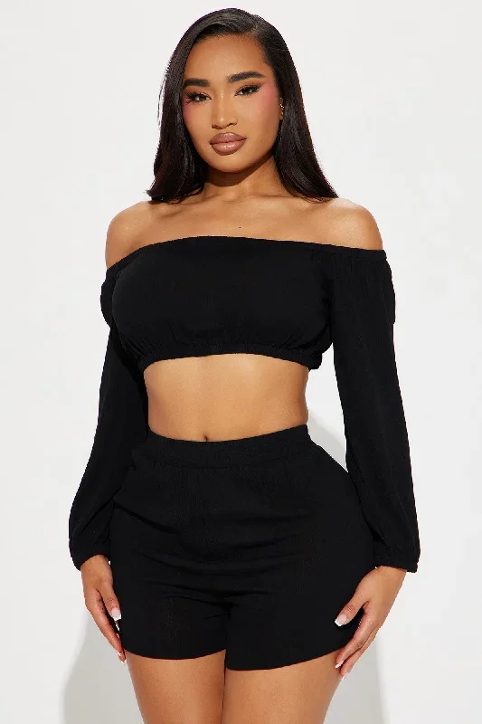 breezy-paradise-linen-off-shoulder-cover-up-shorts-set-black