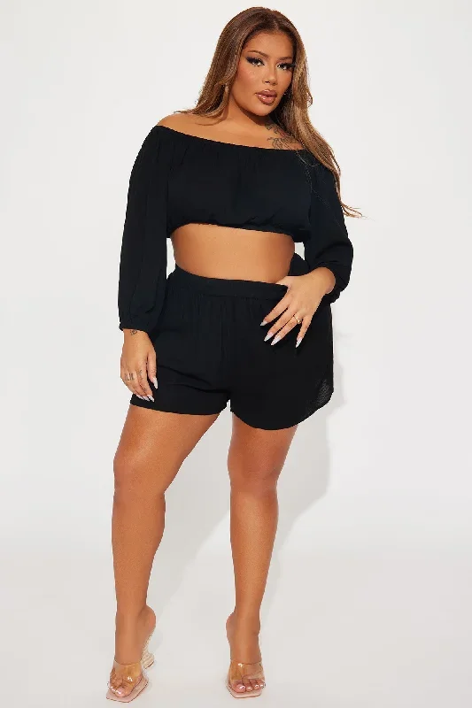 breezy-paradise-linen-off-shoulder-cover-up-shorts-set-black