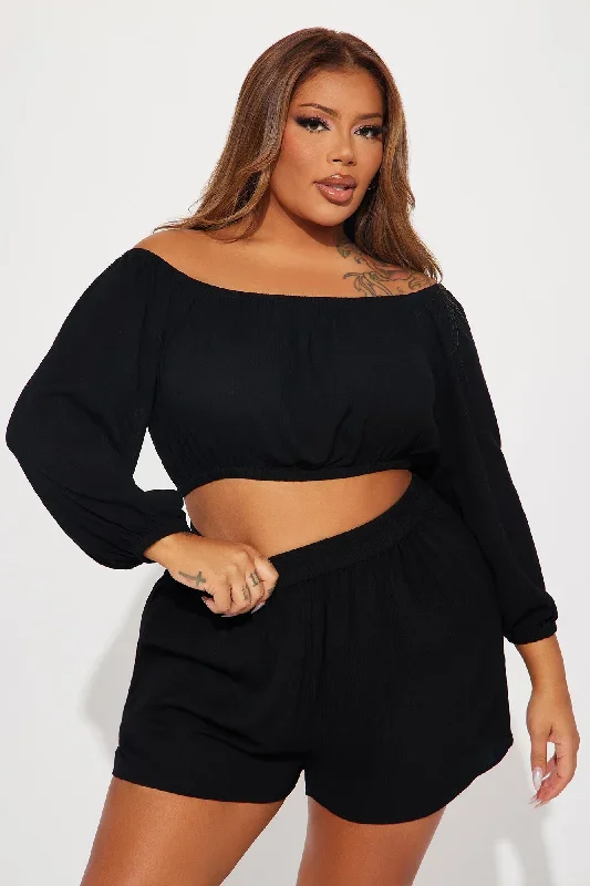 breezy-paradise-linen-off-shoulder-cover-up-shorts-set-black