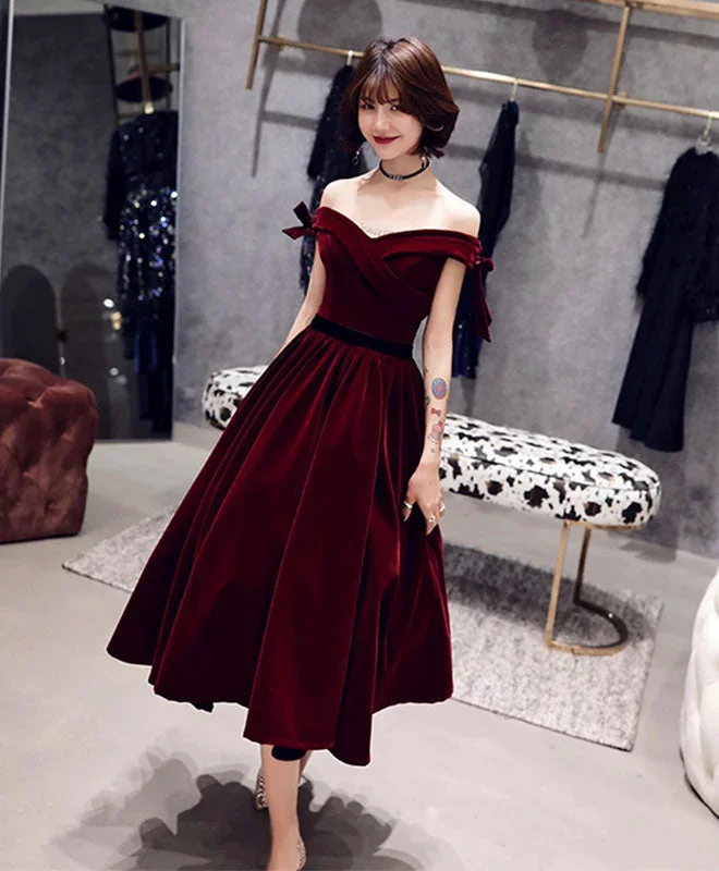 Velvet Off Shoulder Burgundy Prom Dresses, Velvet Homecoming Dresses