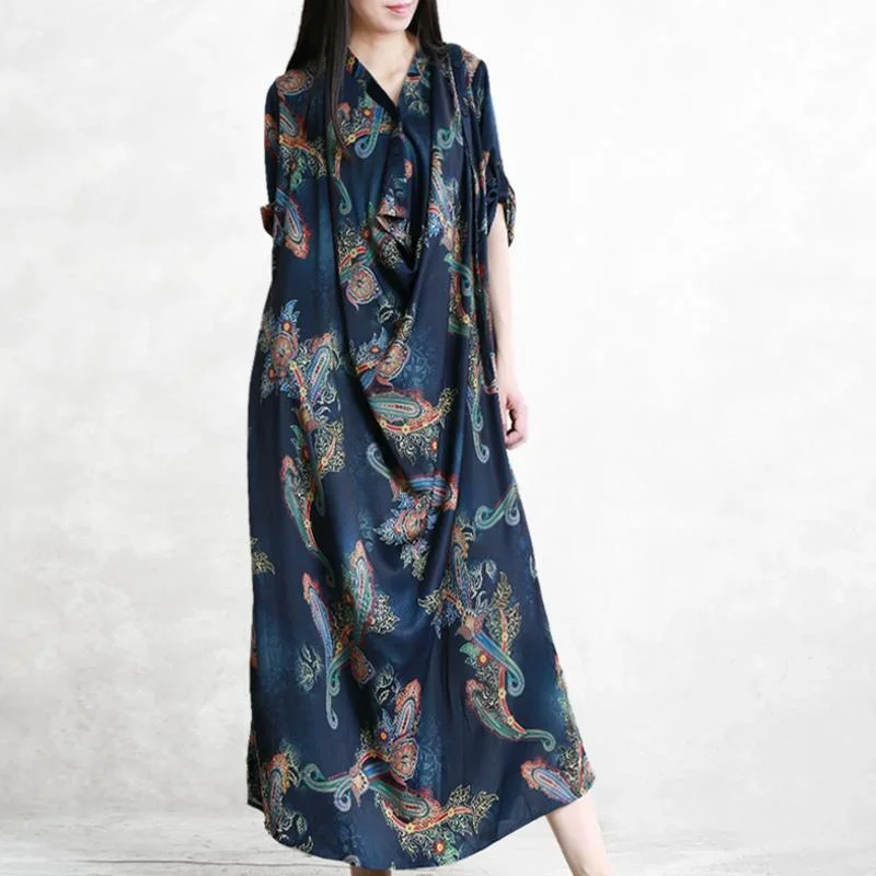 Buy Lapel Pockets Silk Clothes For Women Omychic Navy Print Dresses Summer