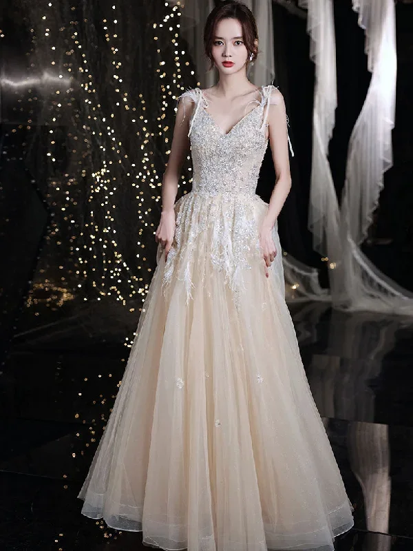 Champagne V Neck Tulle Sequin Lace Long Prom Dress, Champagne Evening Dress