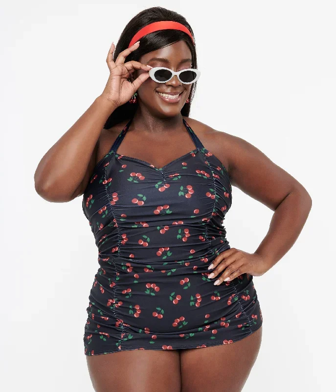 Collectif Plus Size 1950s Black & Red Cherry Print Skirted Swimsuit