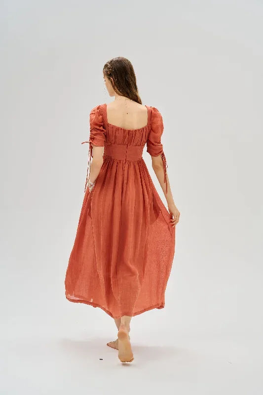 corset-linen-dress-in-coral-milkmaid-dress-bridgerton-dress-regency-dress-cottagecore-dress-medieval-dress-linennaive