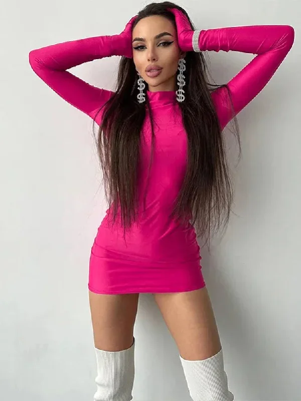 Long Sleeve Gloves Bodycon Sexy Streetwear Party Half Turtleneck Mini Dress