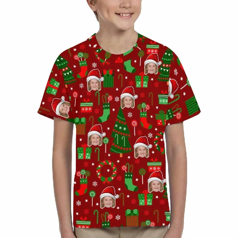 custom-face-christmas-patterns-red-kids-all-over-print-t-shirt-1