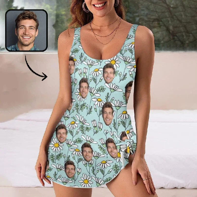 Custom Face Little Daisy Pattern Women's One Piece Skirted Swimsuit