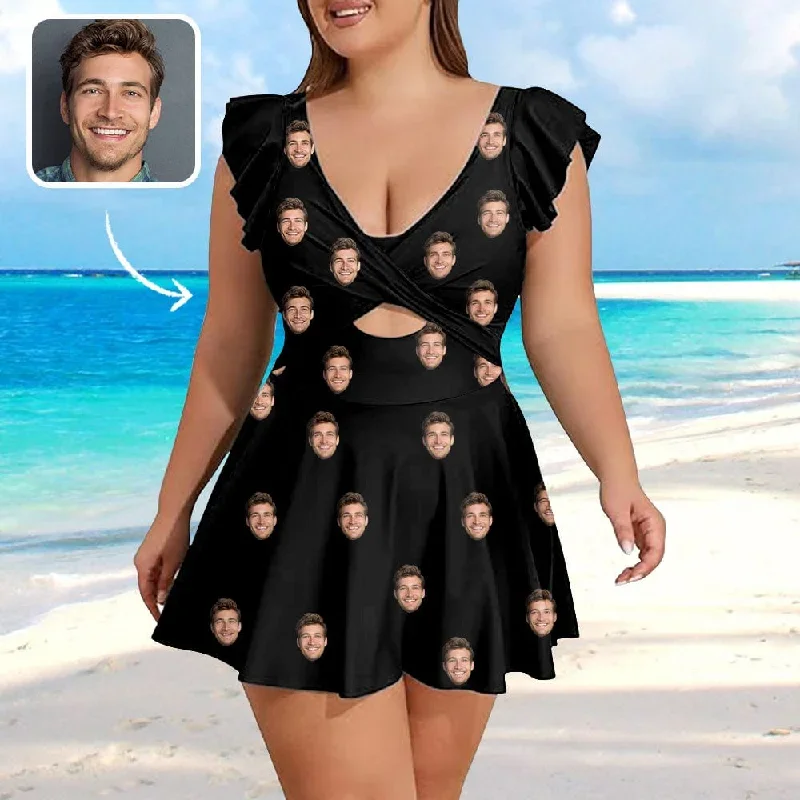 Custom Face Solid Color Women's Ruffle Sleeve Skirted Swimsuit - Black