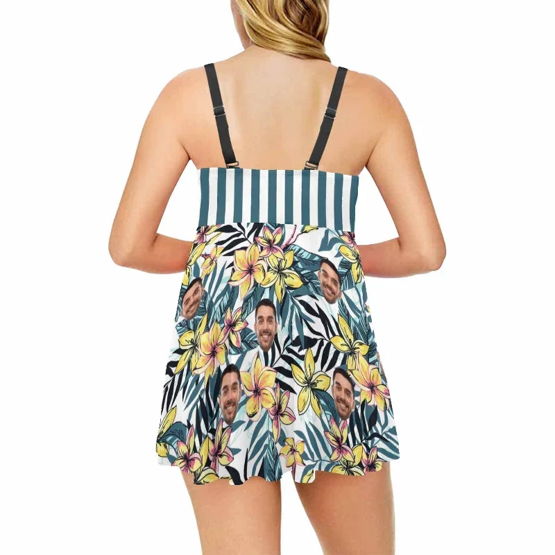 custom-face-stripe-flower-swimsuit-chest-pleat-swim-dress-womens-2-piece-tankini-bathing-suit