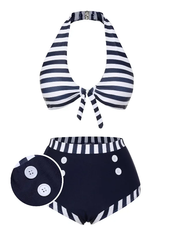 Dark Blue 1930s Stripes Halter Buttons Swimsuit