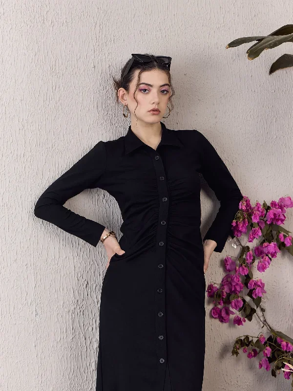 dr5602bk-berrylush-women-black-solid-shirt-collar-long-sleeve-bodycon-maxi-dress