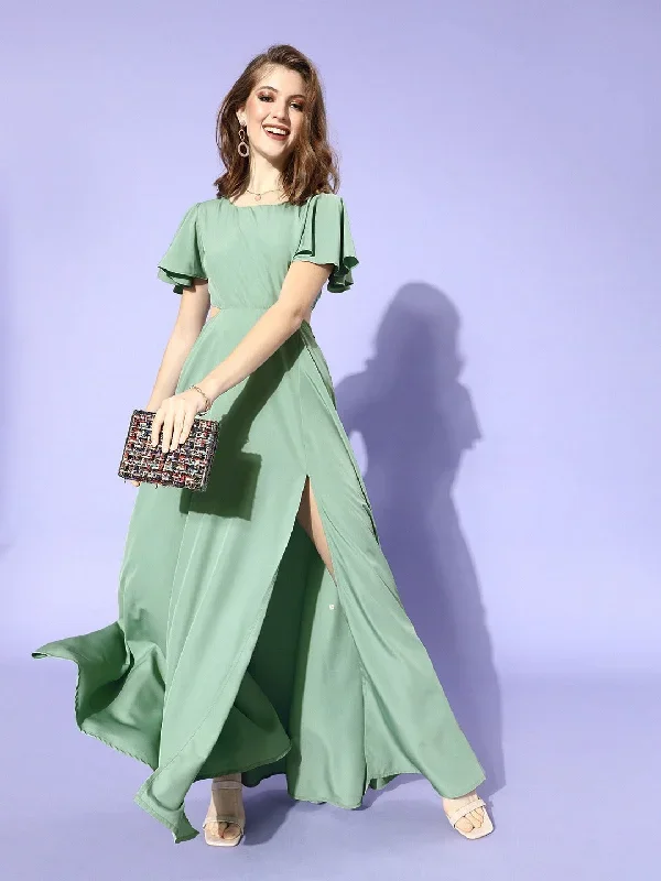 Berrylush Women Solid Green Side Slit Cutout Maxi Dress