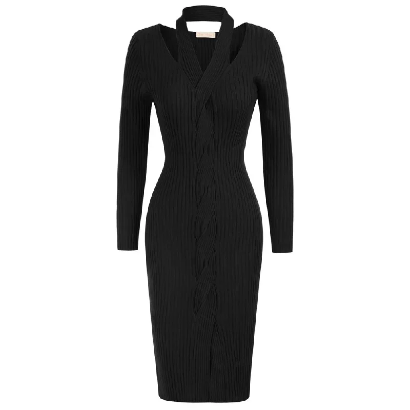 fans-look-of-halterneck-sweater-dress-long-sleeve-front-slit-knitted-bodycon-dress-black