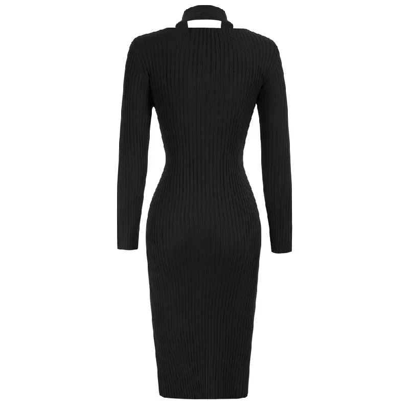 fans-look-of-halterneck-sweater-dress-long-sleeve-front-slit-knitted-bodycon-dress-black