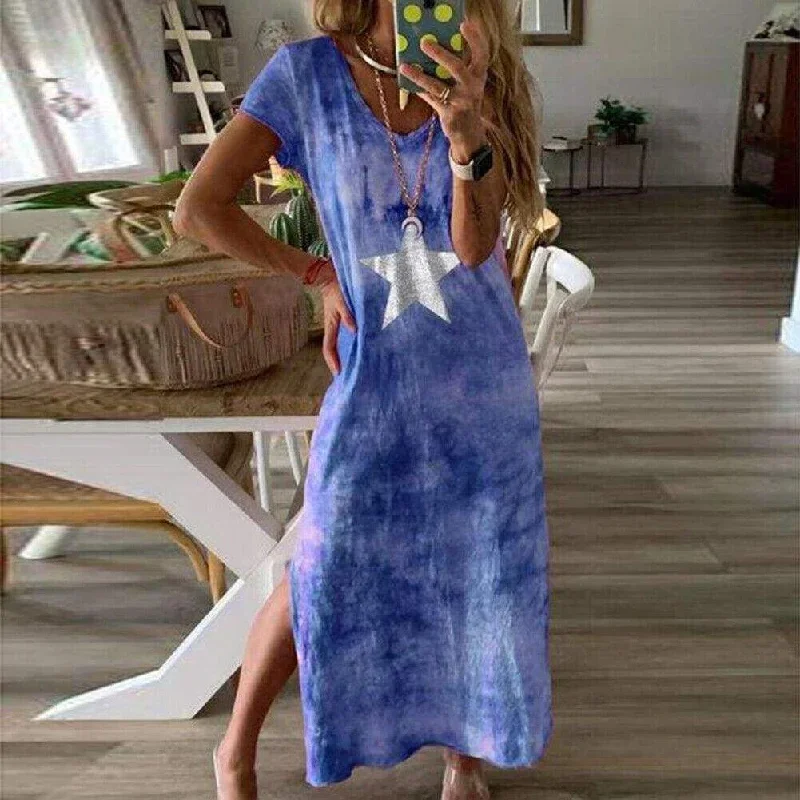 FashionSierra - Fashion Women Tie-dye Long Maxi Loose Dress Ladies Short Sleeve V Neck Summer Holiday Party Beach Sundress