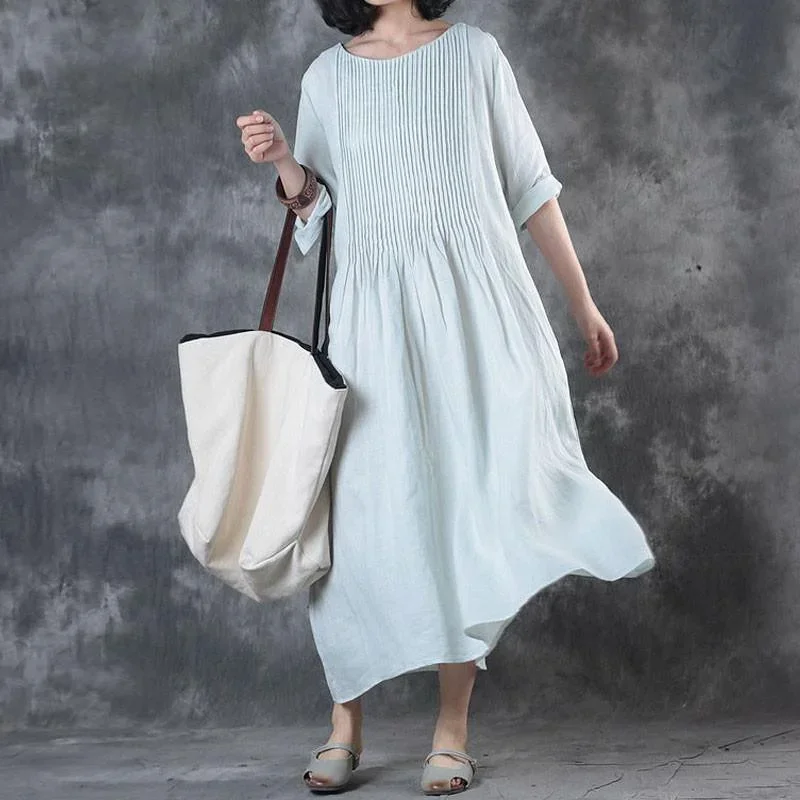 fine-long-linen-dress-loose-fitting-solid-loose-folded-pocket-white-dress