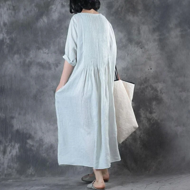 fine-long-linen-dress-loose-fitting-solid-loose-folded-pocket-white-dress