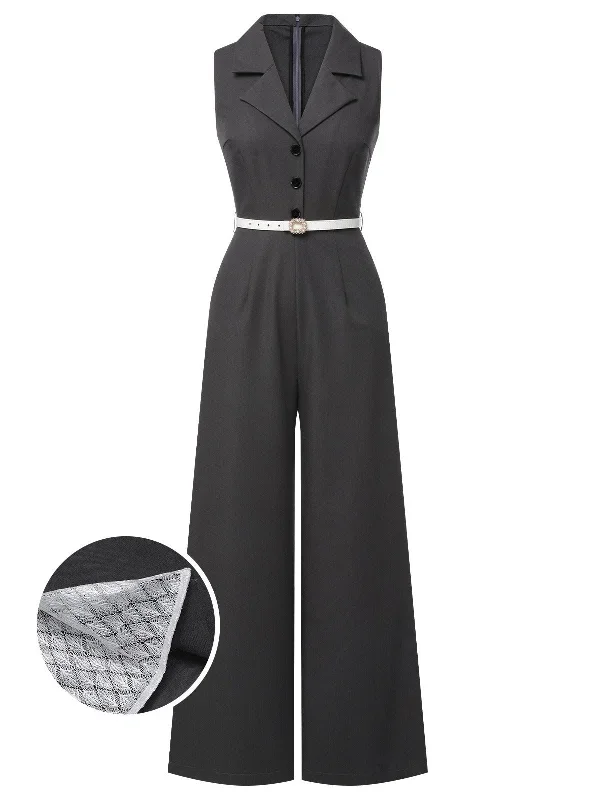 [Pre-Sale] Gray 1940s V-Neck Lapel Lace-Patchwork Jumpsuit