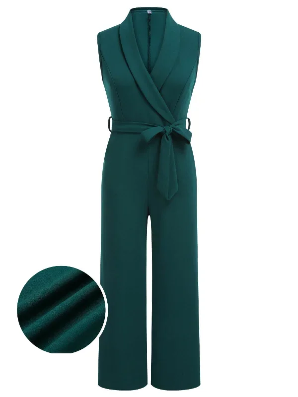 Green 1930s Solid Sleeveless Lapel Jumpsuit