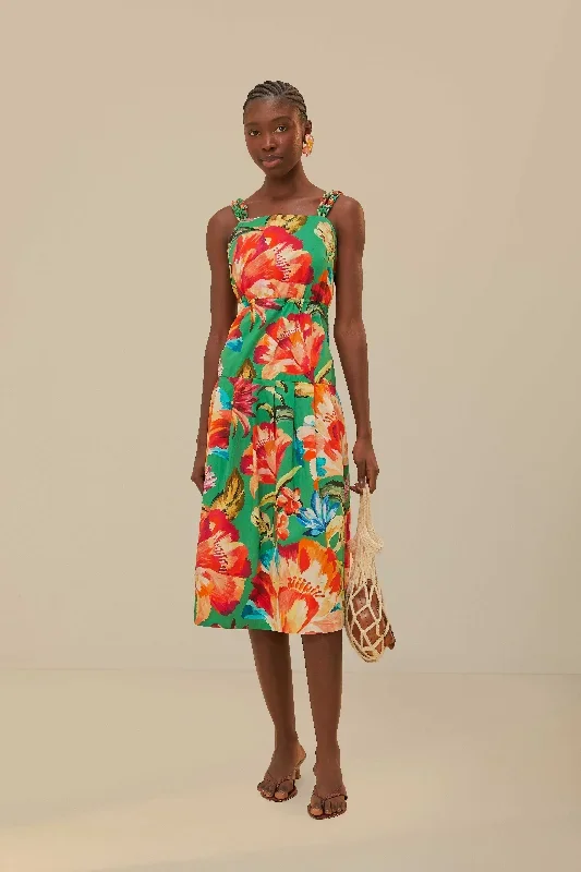 Green Tropicart Sleeveless Midi Dress