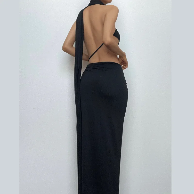 halter-o-ring-irregular-solid-backless-ruched-slit-maxi-dress