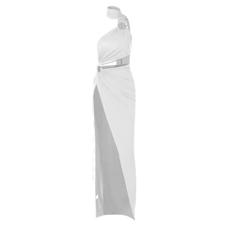 halter-o-ring-irregular-solid-backless-ruched-slit-maxi-dress